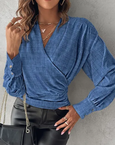 Women Fashion V-Neck Geometric Print Long Sleeve Blouse