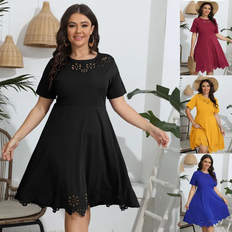 Women Casual Solid Color Hollow Short Sleeve Plus Size Dress