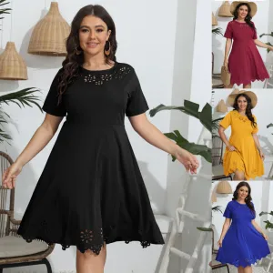 Women Casual Solid Color Hollow Short Sleeve Plus Size Dress