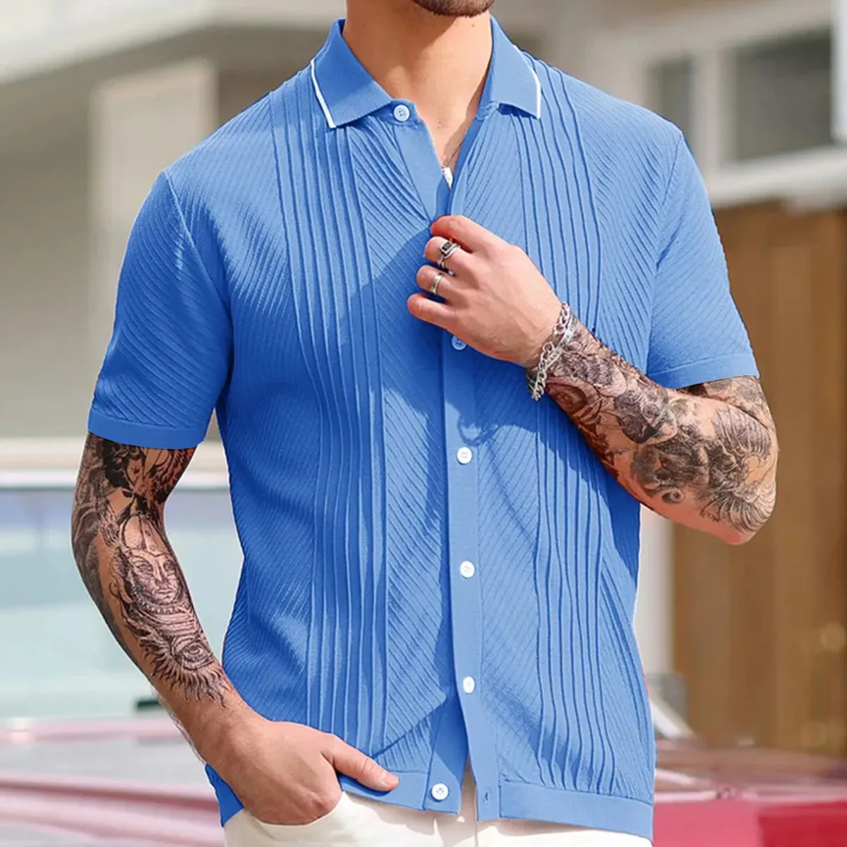 Men Fashion Casual Solid Color Cardigan Knitted Short Sleeve Lapel Shirt
