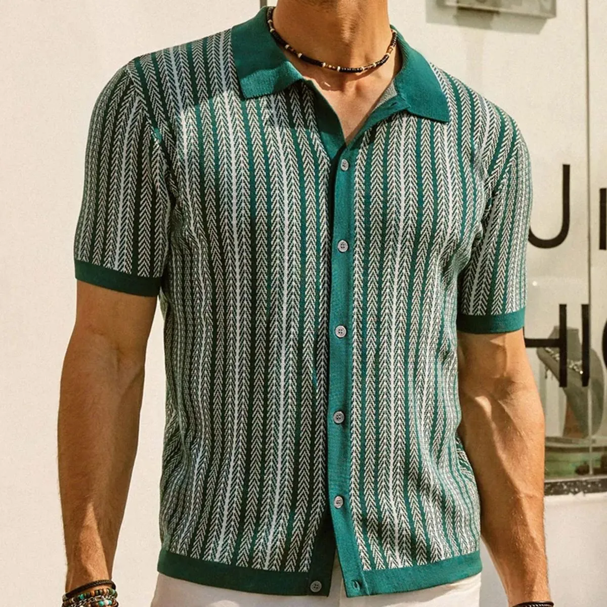 Men's Casual Ice Silk Color Matching Knitted Short Sleeve Lapel Flocking Stripe Shirt