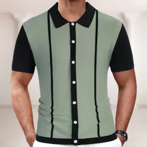 Men Fashion Casual Color Matching Stripe Knitted Short Sleeve Lapel Cardigan Shirt