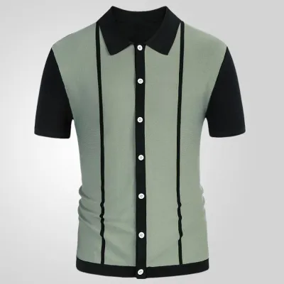 Men Fashion Casual Color Matching Stripe Knitted Short Sleeve Lapel Cardigan Shirt