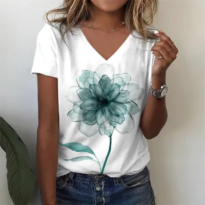 Women Summer Floral Printed V-Neck Short Sleeve T-Shirt