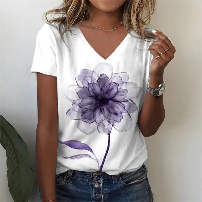 Women Summer Floral Printed V-Neck Short Sleeve T-Shirt