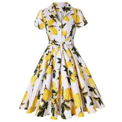 Women Vintage Lapel Plaid Floral Printed Short Sleeve Large Swing Midi Dress