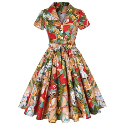 Women Vintage Lapel Plaid Floral Printed Short Sleeve Large Swing Midi Dress