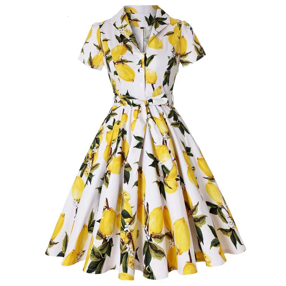 Women Vintage Lapel Plaid Floral Printed Short Sleeve Large Swing Midi Dress