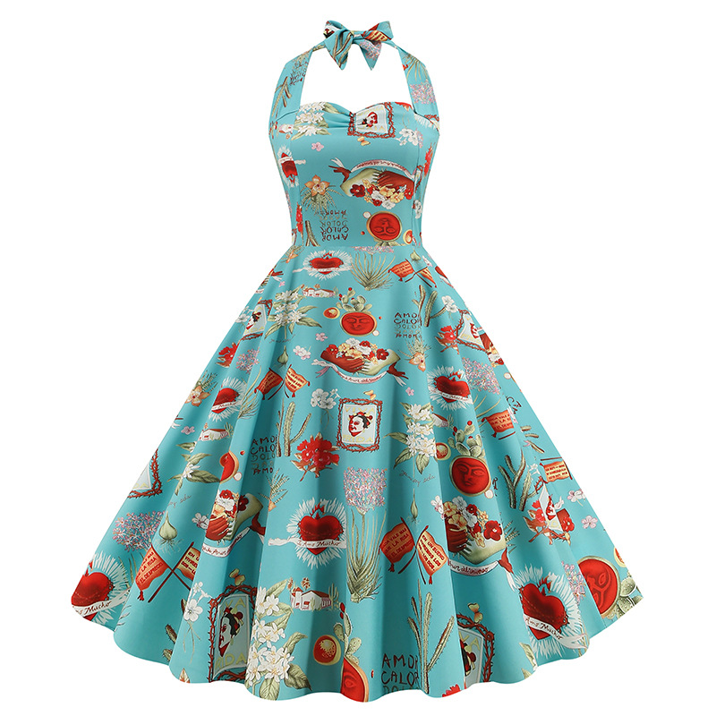 Wholesale Women Fashion Vintage Hepburn Print Halter Neck Dress