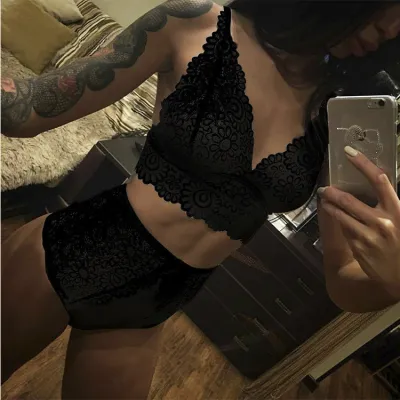 Women Sexy Deep V Lace Perspective Bra Set Student Clothing