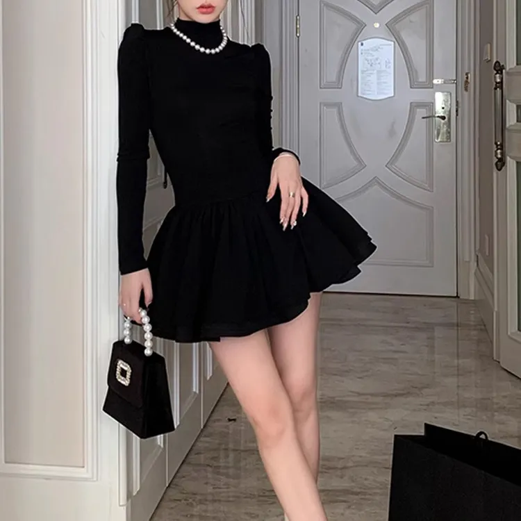 Women Fashion Solid Color High Waist Long Sleeve Mini Dress