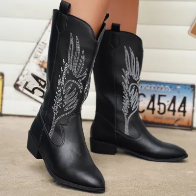 Women Fashion Plus Size Hand-Painted PU Pointed Toe Mid-Calf Boots Square Heel Rubber Sole