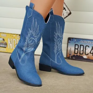 Women Fashion Plus Size Hand-Painted PU Pointed Toe Mid-Calf Boots Square Heel Rubber Sole
