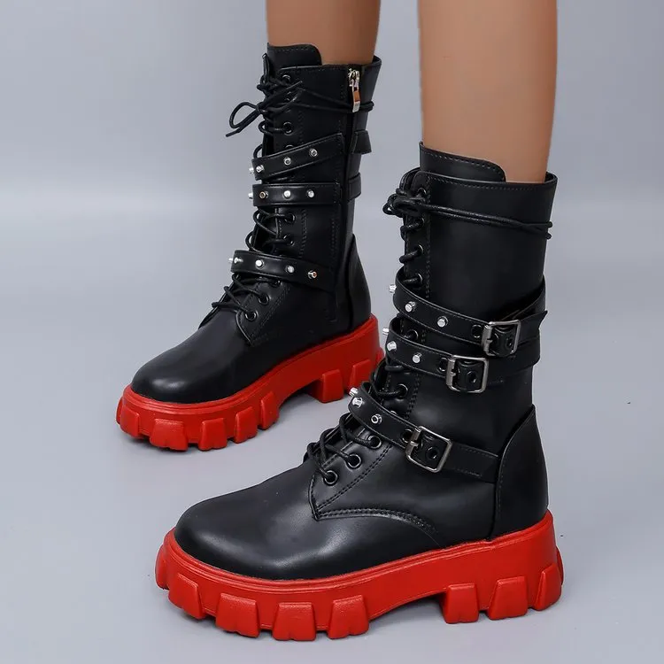 Women's Fashion Plus Size Thick-Soled Belt Buckle Mid-Calf Boots with Chunky Heel
