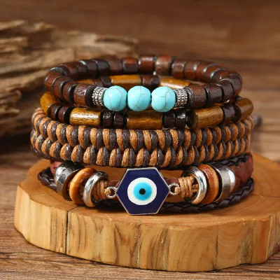 Women Fashion Retro Turquoise Beaded Multi-Layer Bracelet Set
