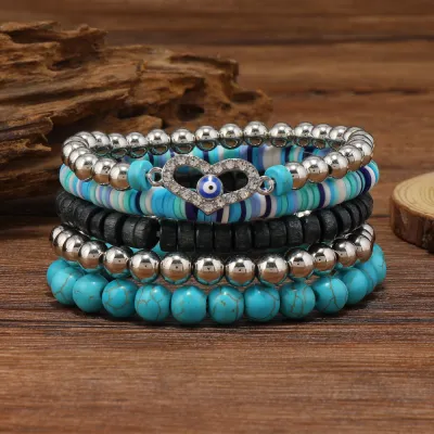 Women Fashion Retro Turquoise Beaded Multi-Layer Bracelet Set