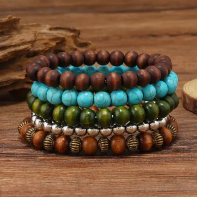 Women Fashion Retro Turquoise Beaded Multi-Layer Bracelet Set