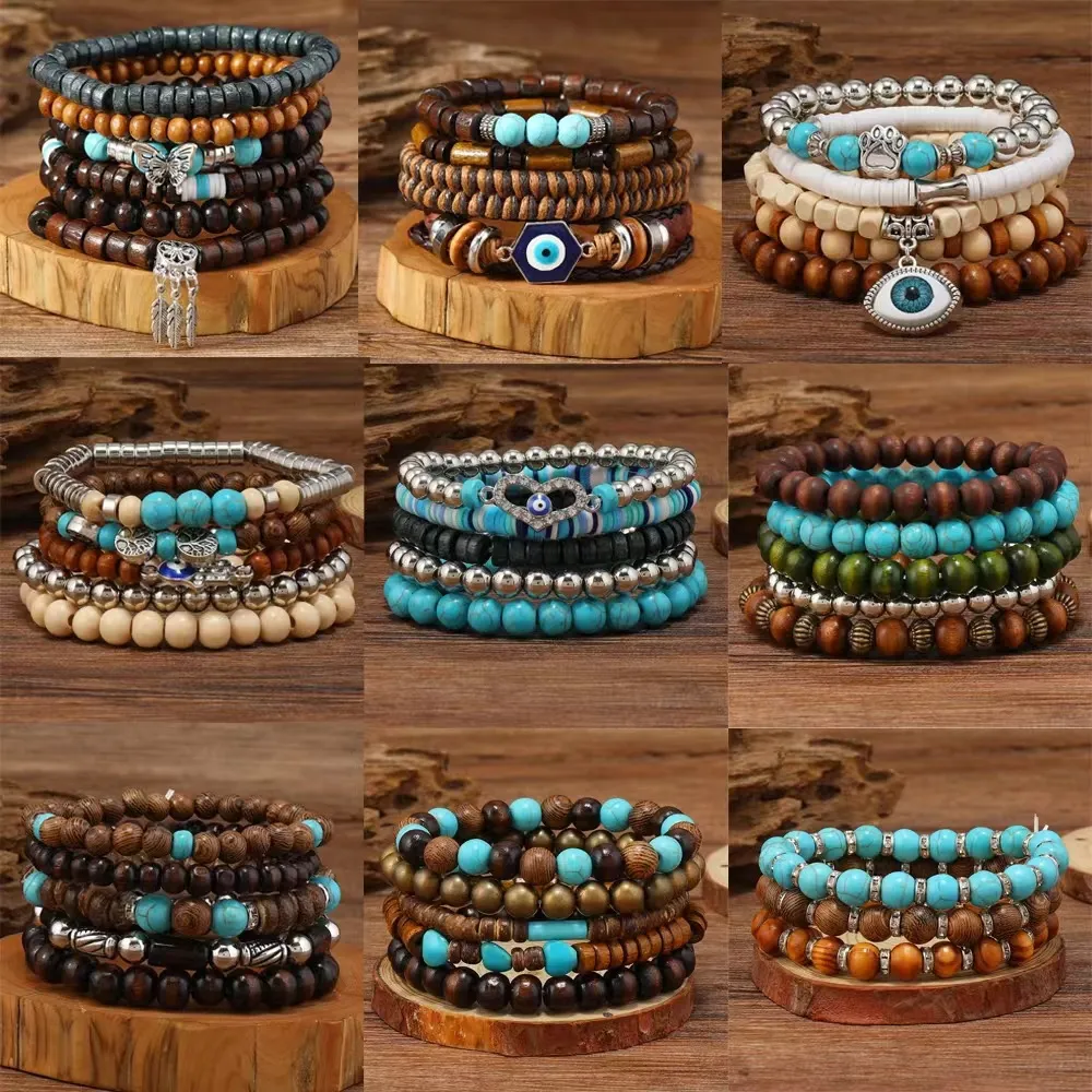 Women Fashion Retro Turquoise Beaded Multi-Layer Bracelet Set