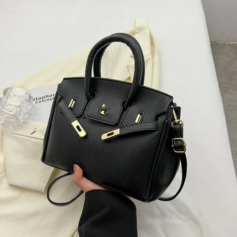 Women Fashion Litchi Lock Large Capacity Handle Shoulder Bag