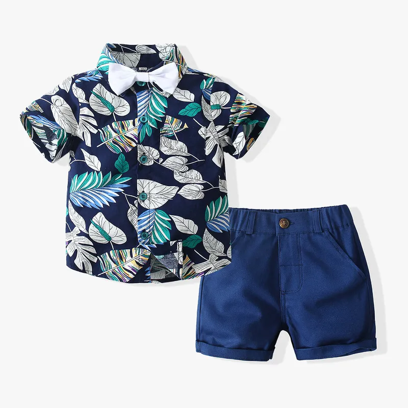 Toddler Boys British Style Floral Short Sleeve Lapel Shirt and Shorts Set for Party Holiday