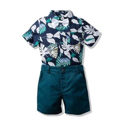Toddler Boys British Style Floral Short Sleeve Lapel Shirt and Shorts Set for Party Holiday