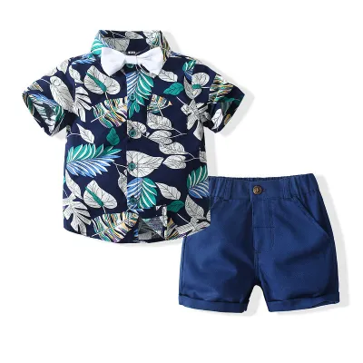 Toddler Boys British Style Floral Short Sleeve Lapel Shirt and Shorts Set for Party Holiday