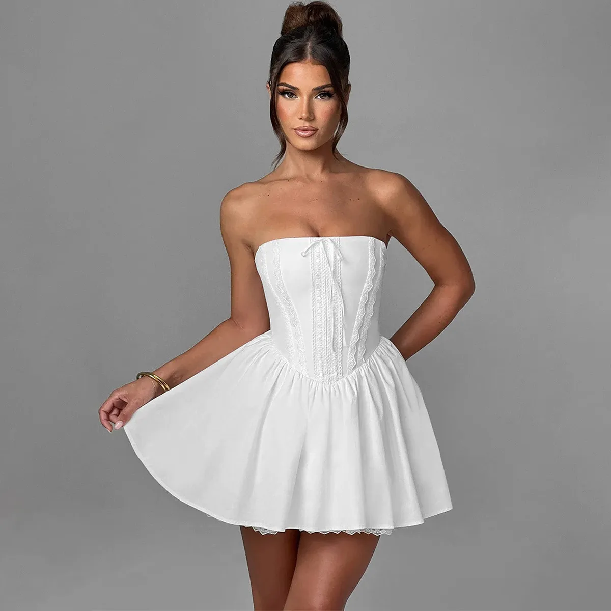 Women Lace Tube Mini Dress Off Shoulder High Waist Sexy