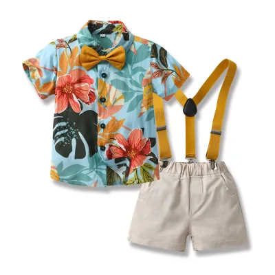 Kids Toddler Boys Party Casual British Style Bow Short Sleeve Lapel Shirt and Suspender Pants Set