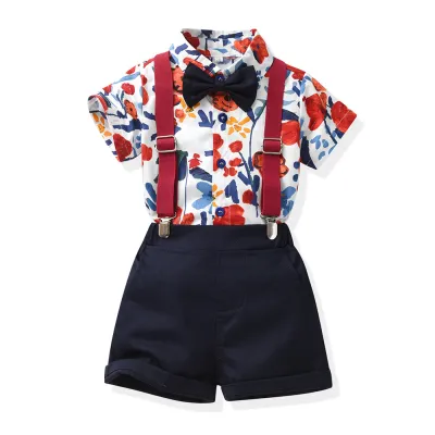 Kids Toddler Boys Party Casual British Style Bow Short Sleeve Lapel Shirt and Suspender Pants Set
