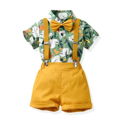 Kids Toddler Boys Party Casual British Style Bow Short Sleeve Lapel Shirt and Suspender Pants Set