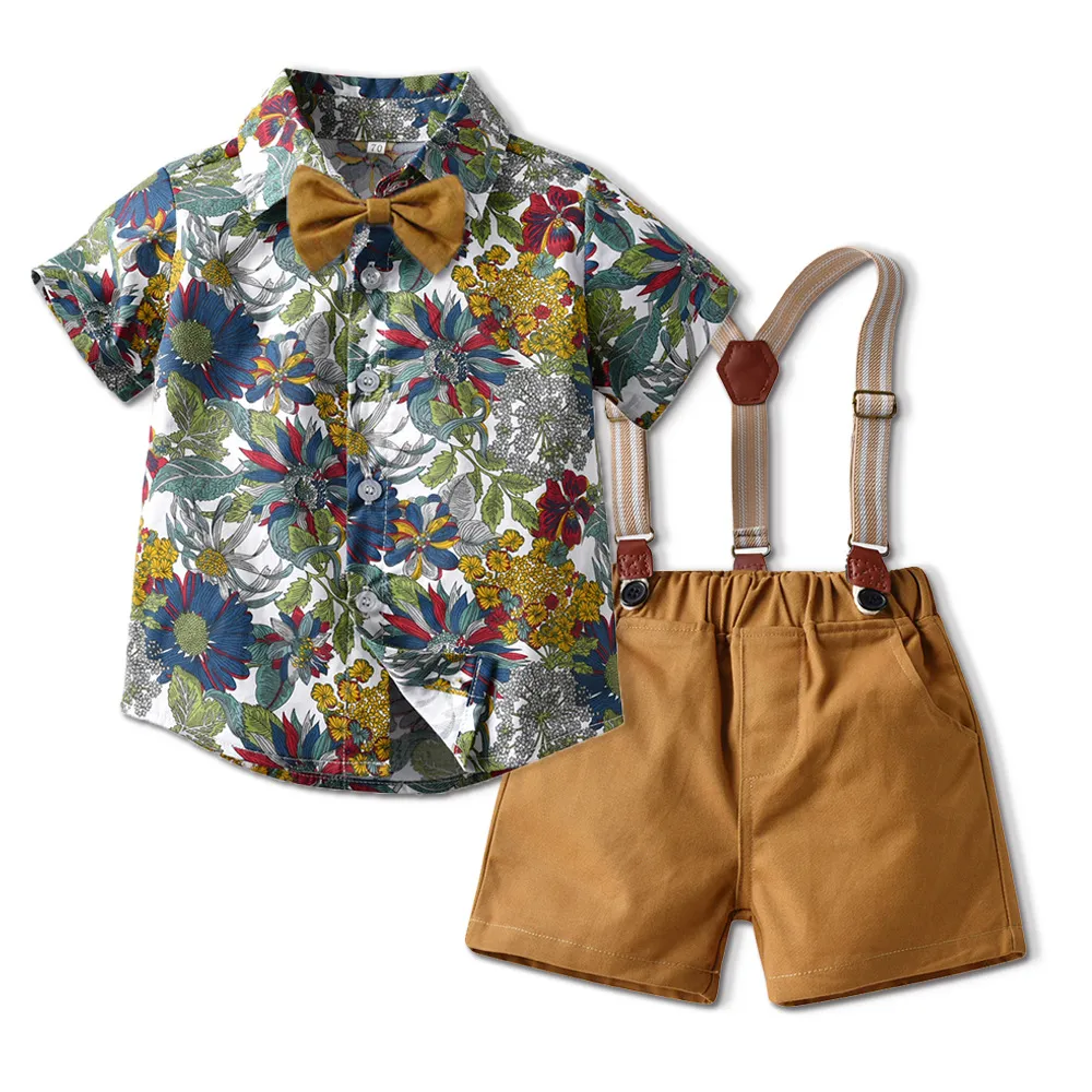 Kids Toddler Boys Party Casual British Style Bow Short Sleeve Lapel Shirt and Suspender Pants Set