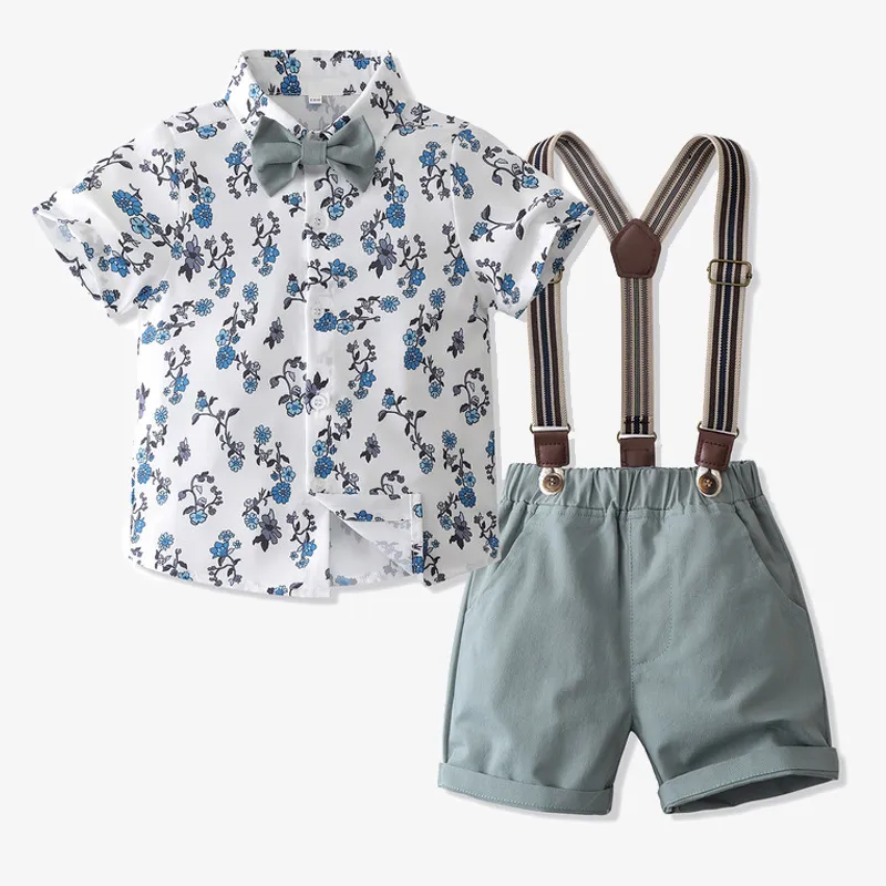 Boys Toddler Party Casual British Style Bow Short Sleeve Lapel Shirt Suspender Pants Set
