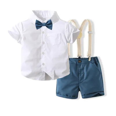 Kids Toddler Boys Party Casual British Style Bows Short Sleeve Lapel Shirt Cotton Suspender Pants Sets Two-Piece