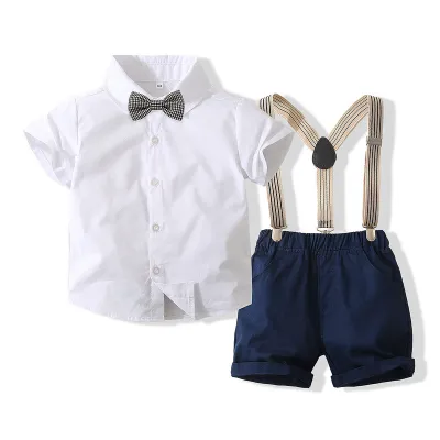 Kids Toddler Boys Party Casual British Style Bows Short Sleeve Lapel Shirt Cotton Suspender Pants Sets Two-Piece