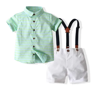 Kids Toddler Boys Party Casual British Style Bows Short Sleeve Lapel Shirt Cotton Suspender Pants Sets Two-Piece