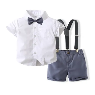 Kids Toddler Boys Party Casual British Style Bows Short Sleeve Lapel Shirt Cotton Suspender Pants Sets Two-Piece