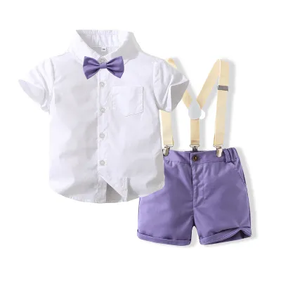 Kids Toddler Boys Party Casual British Style Bows Short Sleeve Lapel Shirt Cotton Suspender Pants Sets Two-Piece