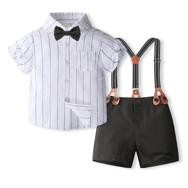 Kids Toddler Boys Party Casual British Style Bows Short Sleeve Lapel Shirt Cotton Suspender Pants Sets Two-Piece
