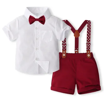 Kids Toddler Boys Party Casual British Style Bows Short Sleeve Lapel Shirt and Suspender Pants Sets