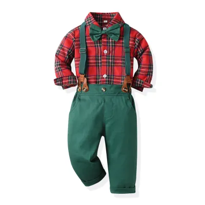 Boys British Style Bows Lapel Shirt Suspenders Pants Set with Plaid