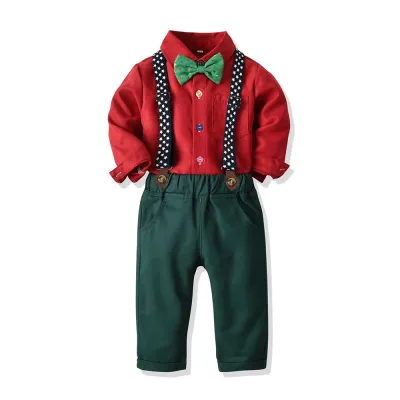 Boys British Style Bows Lapel Shirt Suspenders Pants Set with Plaid