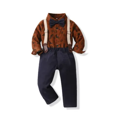 Boys British Style Bows Lapel Shirt Suspenders Pants Set with Plaid