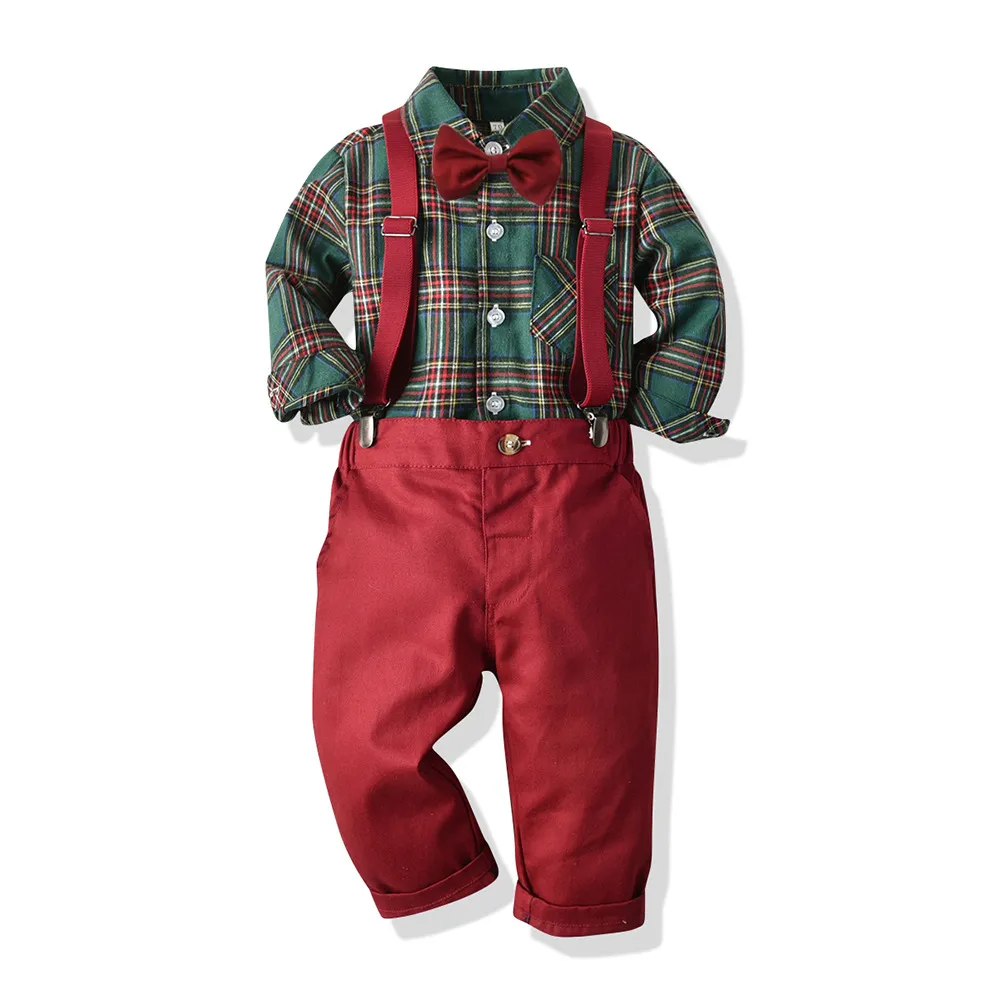 Boys British Style Bows Lapel Shirt Suspenders Pants Set with Plaid