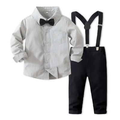 Kids Toddler Boys Party Casual British Style Bows Long-Sleeved Lapel Shirt Suspender Pants Sets