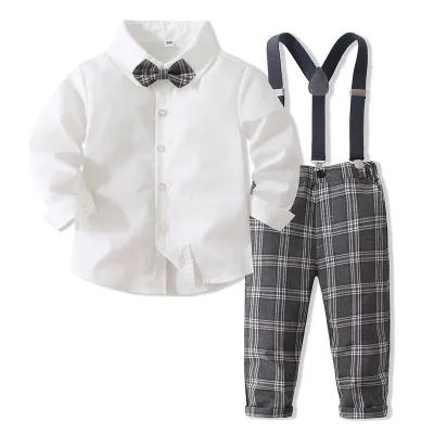 Kids Toddler Boys Party Casual British Style Bows Long-Sleeved Lapel Shirt Suspender Pants Sets
