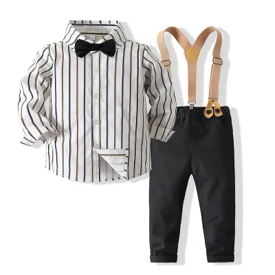 Kids Toddler Boys Party Casual British Style Bows Long-Sleeved Lapel Shirt Suspender Pants Sets