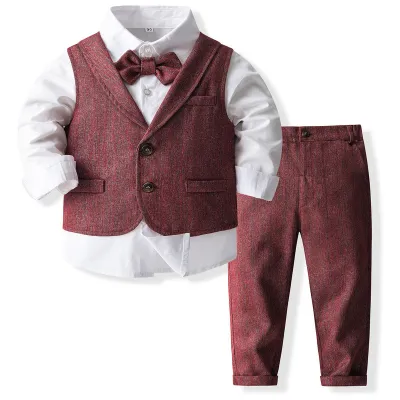 Kids Toddler Boys Party Casual British Style Bows Vest Long Sleeve Lapel Shirt Trousers Set