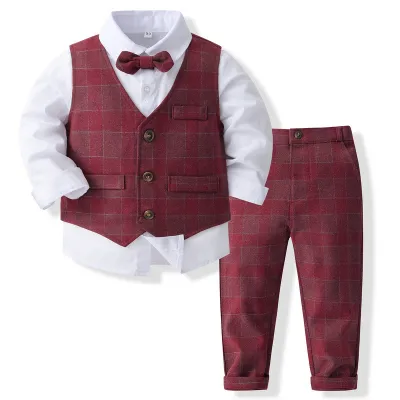 Kids Toddler Boys Party Casual British Style Bows Vest Long Sleeve Lapel Shirt Trousers Set