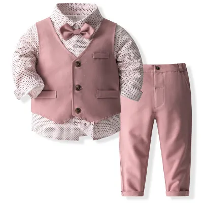 Kids Toddler Boys Party Casual British Style Bows Vest Long Sleeve Lapel Shirt Trousers Set