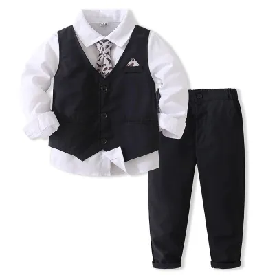Kids Toddler Boys Party Casual British Style Bows Vest Long Sleeve Lapel Shirt Trousers Set